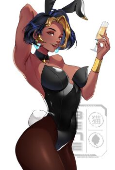 Rule 34 | 1girl, animal ear hairband, animal ears, arm behind head, arm up, armpits, artist name, bare shoulders, beneceadraws, black hair, black leotard, black pantyhose, blonde hair, breasts, brown eyes, champagne flute, commentary, covered navel, cowboy shot, crystal earrings, cup, curtained hair, dark-skinned female, dark skin, detached collar, domina (overwatch), drinking glass, earrings, english commentary, eyeshadow, fake animal ears, gold bracer, hairband, holding, holding cup, jewelry, leotard, looking at viewer, makeup, medium breasts, multicolored hair, overwatch, pantyhose, parted hair, parted lips, playboy bunny, presenting armpit, rabbit ear hairband, rabbit ears, rabbit tail, red eyeshadow, red lips, simple background, smile, solo, streaked hair, tail, teeth, white background