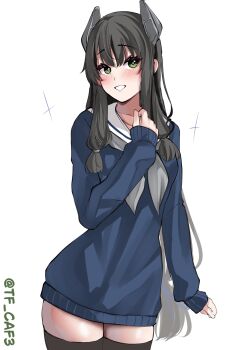 1girl absurdres black_hair black_thighhighs blue_bow blue_cardigan blue_ribbon blunt_tresses blush bow cardigan collarbone commentary_request cowboy_shot green_eyes grey_neckerchief hair_between_eyes hair_bow hair_ribbon hair_tie headgear highres i-47_(kancolle) i-47_(setsubun)_(kancolle) kantai_collection long_hair long_sleeves looking_at_viewer low-tied_long_hair neckerchief one-hour_drawing_challenge open_mouth oversized_jacket ribbon sailor_collar sidelocks simple_background sleeves_past_wrists solo sparkle standing tf_cafe thighhighs thighs triangle_mouth twitter_username very_long_hair white_background white_sailor_collar zettai_ryouiki