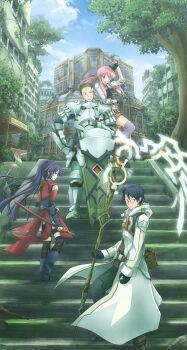 Rule 34 | 2boys, 2girls, absurdres, ahoge, akatsuki (log horizon), arm up, armor, armored boots, asakurashinji, bike shorts, black gloves, black hair, black hat, black pants, black shorts, black thighhighs, boots, cloak, day, detached sleeves, fingerless gloves, floating hair, full armor, glasses, gloves, green hair, hair between eyes, hand on own hip, hat, high ponytail, highres, holding, holding staff, holding sword, holding weapon, leg up, log horizon, long hair, looking at viewer, looking back, mini hat, multiple boys, multiple girls, naotsugu (log horizon), outdoors, pants, pink hair, ponytail, purple hair, purple thighhighs, sheath, sheathed, shield, shiroe (log horizon), short hair, shorts, staff, stairs, sweatdrop, sword, tetra (log horizon), thighhighs, tree, very long hair, very short hair, weapon, white cloak