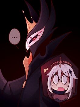 1boy 1girl bird_boy crossover crown esbellesantos from_side genshin_impact gold_crown hellaverse helluva_boss looking_at_another medium_hair owl_boy paimon_(genshin_impact) paimon_(helluva_boss) red_eyes scared slit_pupils sweatdrop white_hair