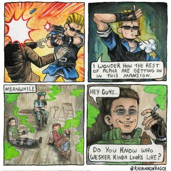 1girl 3boys albert_wesker barry_burton beret blonde_hair blue_hat chris_redfield commentary english_commentary firing gun handgun hat highres holding holding_gun holding_weapon jill_valentine joint_(drug) multiple_boys parted_lips resident_evil resident_evil_1 rhiannon_kagoe sitting smile smoke speech_bubble stoned sunglasses sweat weapon zombie