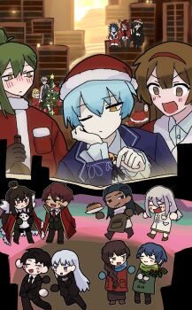 angela_(project_moon) angelica_(project_moon) binah_(project_moon) black_hair blue_hair brown_eyes brown_hair chesed_(project_moon) commentary_request gebura_(project_moon) green_hair grey_hair highres hod_(project_moon) hokma_(project_moon) jack_(project_moon) karamano library_of_ruina lowell_(project_moon) malkuth_(project_moon) merry_(project_moon) multiple_boys multiple_girls netzach_(project_moon) one_eye_closed pierre_(project_moon) project_moon purple_hair red_hair roland_(project_moon) tiphereth_a_(project_moon) tommy_(project_moon) xiao_(project_moon) yellow_eyes yesod_(project_moon)