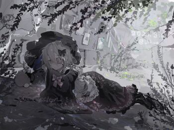 1girl apron black_bonnet black_dress black_ribbon black_shoes bonnet chinese_commentary closed_mouth commentary_request commission dated dress expressionless frilled_dress frills grey_eyes grey_hair grey_theme hair_ribbon highres long_sleeves lying on_stomach original pink_ribbon ribbon sample_watermark shoes solo vihua6 watermark white_apron wide_sleeves