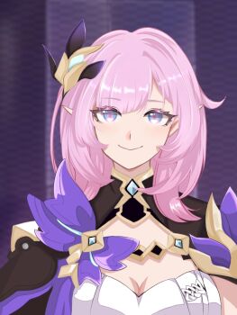 1girl black_shrug blue_eyes breasts chinese_commentary cleavage commentary_request corset elf elysia_(honkai_impact) elysia_(miss_pink_elf)_(honkai_impact) hair_ornament highres honkai_(series) honkai_impact_3rd large_breasts long_hair looking_at_viewer luocha_i_love_china_i_am_chinese pink_hair pointy_ears purple_background shrug_(clothing) simple_background smile solo upper_body very_long_hair white_corset