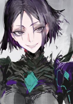 1girl absurdres black_hair bodysuit close-up colored_inner_hair dongfang_shuo fate/grand_order fate_(series) grey_bodysuit grin highres multicolored_hair purple_hair smile solo ushi_gozen_(avenger)_(fate) ushi_gozen_(fate)