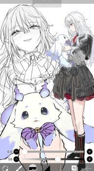 1girl animal art_program_in_frame artist_name bell black_capelet black_skirt blue_fire boots bow bowtie capelet carrying chibikemo closed_mouth colored_petticoat creature ear_piercing expressionless eye_contact eyeliner fangs female_pov fire floppy_ears from_below full_body genderswap genderswap_(mtf) green_eyes grey_shirt hands_up highres hikimayu holding holding_animal ibispaint ibispaint_(medium) jingle_bell knee_boots kuzuha_(nijisanji) lace-up_boots light_blush light_smile limited_palette long_hair long_sleeves looking_at_another lunlun_(nijisanji) makeup miniskirt multiple_piercings multiple_pov multiple_views neck_bell neck_ribbon nijisanji nokoru_sora open_mouth petticoat piercing pinstripe_pattern pinstripe_shirt pointy_ears pov profile purple_eyeliner purple_fire purple_rope red_eyes ribbon rope sanya_(kuzuha) shirt simple_background sketch skirt standing sweatdrop twitter_username virtual_youtuber white_background white_hair will-o&#039;-the-wisp_(mythology)