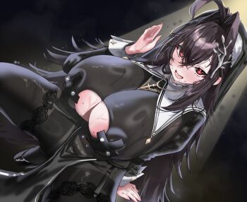 1girl absurdres antenna_hair black_background black_dress black_pantyhose black_shoes black_veil blush breasts brown_hair cleavage cleavage_cutout clothing_cutout commentary covered_erect_nipples covered_navel cross cross_necklace dress feet_out_of_frame gigantic_breasts hair_between_eyes hair_ornament hand_up heart heart-shaped_pupils highres jewelry korean_commentary krabking long_hair long_sleeves looking_at_viewer necklace nun open_mouth original pantyhose pink_pupils red_eyes shoes simple_background sitting spread_legs squatting symbol-shaped_pupils veil