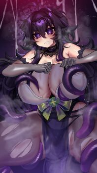 Rule 34 | 1girl, absurdres, ahoge, black collar, blush, bodystocking, breasts, breath, clenched teeth, collar, commentary, cowboy shot, crawling dreams, cum, curvy, detached sleeves, english commentary, grey bodystocking, hair between eyes, highres, huge breasts, lace collar, long hair, looking at viewer, nyarla (osiimi), osiimi, pelvic curtain, purple eyes, purple hair, solo, spread legs, teeth, tentacle pit, tentacles, thick thighs, thighs, torn bodystocking, torn clothes, trembling