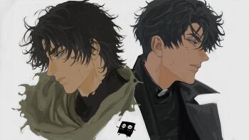 2boys artist_self-insert belt_collar black_coat black_eyes black_hair black_shirt blackbox_(blackbox9158) coat collar curtained_hair doodle_inset green_scarf jaehwan messy_hair multiple_boys omniscient_reader's_viewpoint open_mouth popped_collar portrait scarf serious shirt short_hair the_world_after_the_fall torn_clothes torn_scarf yoo_joonghyuk