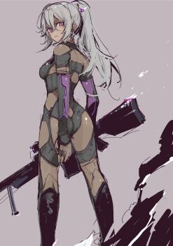 1girl absurdres anti-materiel_rifle bolt_action breasts closed_mouth commentary_request dark-skinned_female dark_skin expressionless feet_out_of_frame from_behind girls'_frontline girls'_frontline_2:_exilium grey_background grey_hair gun hair_between_eyes high_ponytail highres holding holding_gun holding_weapon long_hair looking_at_viewer looking_back nemesis_(girls'_frontline_2) ponytail purple_eyes rifle sig_san_511 simple_background sniper_rifle solo standing unfinished weapon yoto_(rinlin2)