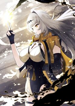 1girl absurdres ahoge arm_behind_back asymmetrical_gloves black_gloves black_unitard breasts cleavage coin coin_on_string commentary_request cowboy_shot elbow_gloves fingerless_gloves garter_straps gloves hair_ornament hairpin hand_up highres ink jacket large_breasts long_hair open_clothes parted_lips single_elbow_glove single_garter_strap single_hair_intake solo tassel thigh_strap uneven_gloves white_hair yellow_eyes yellow_jacket yin_yang_pin yixuan_(zenless_zone_zero) zenless_zone_zero zeroartwo