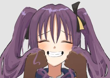 1girl :d ^_^ assault_lily black_ribbon blue_jacket blush brown_gloves closed_eyes collared_shirt commentary_request facing_viewer gloves grey_background grin hair_between_eyes hands_on_own_cheeks hands_on_own_face hands_up highres hishida_haru holding holding_own_hair jacket odaiba_girls_high_school_uniform open_mouth portrait purple_hair raised_eyebrows ribbon school_uniform shirt simple_background smile solo twintails washi-san white_shirt yellow_ribbon