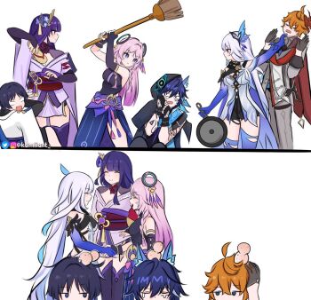 3boys 3girls ahoge animal_ear_fluff animal_ears aqua_hair asymmetrical_gloves bat_ears black_border black_gloves black_hair black_hood black_leotard black_sleeves blue_cape blue_eyes blue_rope blue_sleeves blue_thighhighs blunt_bangs blunt_ends blunt_tresses border braid breasts bridal_gauntlets broom butterfly_hair_ornament cape citlali_(genshin_impact) cleavage closed_eyes closed_mouth clothes_grab clothing_cutout collar_grab colored_inner_hair covering_face elbow_gloves fan_hair_ornament fingerless_gloves flip-flops flower furisode gem genshin_impact glove_cutout gloves gold gradient_sleeves grandmother_and_grandson grey_gloves grey_jacket grey_pants hair_flower hair_intakes hair_ornament half-skirt hand_on_own_hip hands_up handshake head_bump holding holding_broom holding_footwear holding_unworn_clothes jacket japanese_clothes jitome kamiiart kimono kimono_skirt la_chancla leotard lingerie long_hair long_skirt looking_at_another mask mask_on_head midriff_peek mother_and_son multicolored_hair multiple_boys multiple_girls necktie neckwear_grab obi obiage obijime off_shoulder open_hands open_mouth orange_hair ororon_(genshin_impact) pants pink_hair pink_kimono pink_sleeves purple_eyes purple_flower purple_gemstone purple_hair purple_necktie purple_skirt purple_thighhighs raiden_shogun red_ribbon red_scarf ribbon rope sandals sash scaramouche_(genshin_impact) scarf short_sleeves shrug_(clothing) side_slit sideways_glance skirk_(genshin_impact) skirt smile split_screen tartaglia_(genshin_impact) tassel tassel_hair_ornament tears thighhighs torn_clothes torn_thighhighs twin_braids twitter_username two-sided_cape two-sided_fabric underwear vision_(genshin_impact) wanderer_(genshin_impact) white_background white_cape white_eyes white_hair white_kimono white_sleeves