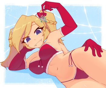 1girl blonde_hair blue_background blue_eyes blush bra braid breasts cape closed_mouth commentary cowboy_shot elbow_gloves english_commentary extra_arms fangs fur-trimmed_bra fur-trimmed_cape fur-trimmed_panties fur_trim gloves highres holding holding_mistletoe large_breasts long_hair looking_at_viewer lying mistletoe navel nelly_(xyronii) on_side original panties pom_pom_(clothes) raised_eyebrow red_bra red_gloves red_panties santa_costume side-tie_panties smile solo twintails underwear xyronii