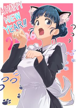 1girl absurdres animal_ears apron basori_tiara black_dress blue_eyes blue_hair blush cat_ears commentary_request dress fake_animal_ears highres imzen looking_at_viewer maid maid_apron make_heroine_ga_oo_sugiru! meowing new_year official_alternate_costume open_mouth white_apron