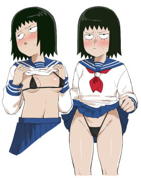 ax_g90 bikini black_hair blush breasts clothes_lift embarrassed flashing highres kurata_tome lifting_own_clothes looking_to_the_side micro_bikini midriff mob_face mob_psycho_100 nervous_sweating salt_middle_school_uniform school_uniform shirt_lift short_hair simple_background skirt small_breasts sweat swimsuit