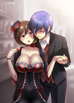 1boy 1girl :o blue_hair breasts brown_eyes brown_hair caffein choker cleavage closed_eyes formal_clothes highres kaito_(vocaloid) large_breasts meiko_(lorelei)_(vocaloid) meiko_(vocaloid) navel project_diva_(series) project_diva_extend short_hair vocaloid