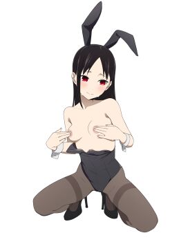 1girl absurdres animal_ears areola_slip black_hair blush breasts brown_pantyhose coro_fae covering_breasts covering_privates fake_animal_ears high_heels highres kaguya-sama_wa_kokurasetai_~tensai-tachi_no_renai_zunousen~ long_hair pantyhose playboy_bunny rabbit_ears red_eyes shinomiya_kaguya simple_background small_breasts solo squatting sweat thighband_pantyhose white_background wrist_cuffs