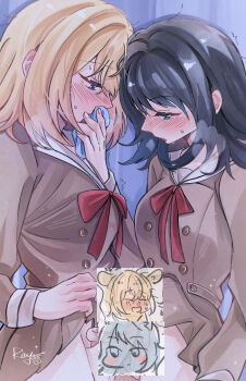 2girls absurdres bang_dream! bang_dream!_it&#039;s_mygo!!!!! black_hair blonde_hair blue_eyes blush brown_dress censored chinese_commentary clothes_lift commentary_request dress dress_lift futa_with_futa futanari hanasakigawa_school_uniform highres medium_hair misumi_uika multiple_girls paid_reward_available penis penises_touching purple_eyes sailor_dress school_uniform sweat yahata_umiri yoyoray20001996