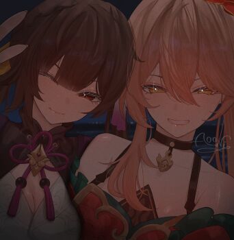 2girls aooni_09 bare_shoulders blonde_hair breasts brown_hair cleavage closed_mouth dress grin guinaifen_(honkai:_star_rail) hair_between_eyes highres honkai:_star_rail honkai_(series) large_breasts long_hair looking_at_viewer multiple_girls off-shoulder_dress off_shoulder red_dress red_eyes smile sushang_(honkai:_star_rail) v white_dress yellow_eyes