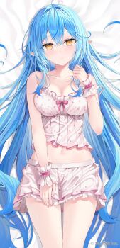 1girl ahoge bare_shoulders bed blue_hair blush breasts camisole closed_mouth collarbone commentary_request elf frilled_wrist_cuffs frills hair_between_eyes hair_ornament heart heart_ahoge highres hololive large_breasts long_hair looking_at_viewer lying navel official_alternate_costume on_back pink_trim pointy_ears polka_dot polka_dot_camisole polka_dot_skirt rin_yuu skirt sleepwear solo stomach very_long_hair virtual_youtuber white_camisole white_skirt white_wrist_cuffs wrist_cuffs yellow_eyes yukihana_lamy yukihana_lamy_(roomwear)