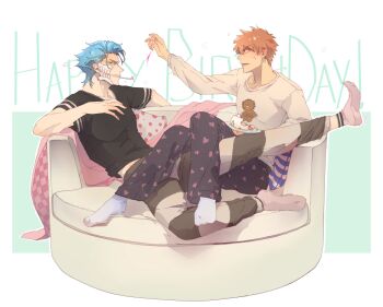 Rule 34 | 2boys, black shirt, bleach, blue hair, cake, cake slice, commentary, couch, english commentary, eyeliner, food, full body, gift art, grimmjow jaegerjaquez, happy birthday, heart, heart print, highres, holding, holding cake, holding food, hollow mask, kurosaki ichigo, lollipop in mouth, looking at another, makeup, male focus, multiple boys, open mouth, orange hair, pants, peppertea, shirt, short hair, sitting, socks, white shirt, white socks
