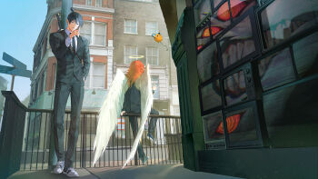 2boys absurdres angel_devil_(chainsaw_man) angel_wings black_hair black_jacket black_necktie black_pants black_suit building chainsaw_man cigarette cityscape collared_shirt commentary day direction_board dongzak_o0 extra_eyes formal_clothes fox_devil_(chainsaw_man) halo hand_in_pocket hayakawa_aki highres holding holding_cigarette jacket katana male_focus multiple_boys necktie on_railing orange_hair outdoors pants pochita_(chainsaw_man) railing ringed_eyes shirt shoes sneakers suit sword topknot twitter_username weapon weapon_on_back white_shirt white_wings wings