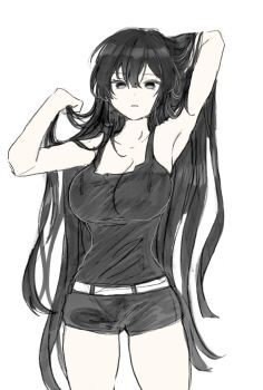 Rule 34 | 1girl, 5rwpvc, arm up, belt, breasts, character request, cleavage, copyright request, cowboy shot, double-parted bangs, greyscale, hair between eyes, hand in own hair, hand up, highres, holding, holding own hair, large breasts, long bangs, long hair, looking at viewer, monochrome, parted lips, short shorts, shorts, sketch, solo, standing, straight hair, tank top, very long hair