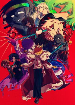 Rule 34 | 1girl, 6+boys, absurdres, animification, ashswag, black hair, black skin, blank eyes, block (minecraft), brown hair, cape, chinese commentary, closed eyes, clownpierce, colored skin, command block, commentary request, crown, everyone, explosive, fur-trimmed cape, fur trim, glasses, glitch, green hair, grin, halo, hat, heart, highres, holding, holding sword, holding weapon, hood, hood down, hoodie, horns, jester, jester cap, lifesteal smp, long hair, looking at viewer, male focus, mapicc, minecraft, minecraft sword, minecraft youtube, multiple boys, mumou26925, neck ruff, one eye covered, ophanim halo, parrotx2, pixel heart, planetlord, princezam, purple skin, red background, red cape, red hoodie, red horns, roshambogames, round eyewear, short hair, simple background, smile, smiley face, spokeishere, squiddo, sunglasses, sword, tnt, tnt block (minecraft), variant set, weapon, wemmbu, white hair, white skin, yellow skin