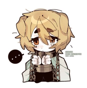 ... 1girl animal_ears black_jacket blonde_hair cape chain closed_mouth collar crying cuffs dog_ears don_quixote_(project_moon) hands_up highres index_(identity)_(project_moon) jacket limbus_company long_sleeves ny_000a project_moon shackles solo speech_bubble white_background white_cape yellow_eyes