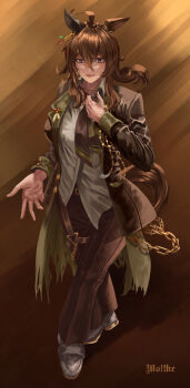 Rule 34 | 1girl, absurdres, ahoge, animal ears, black necktie, black pants, breasts, brown hair, closed mouth, collared shirt, commentary request, ear covers, full body, hair between eyes, highres, horse ears, horse girl, horse tail, jacket, long hair, long sleeves, looking at viewer, moltke (moltke von), nakayama festa (festival game) (umamusume), nakayama festa (umamusume), necktie, open clothes, open jacket, pants, purple eyes, shirt, shoes, single ear cover, smile, solo, tail, umamusume