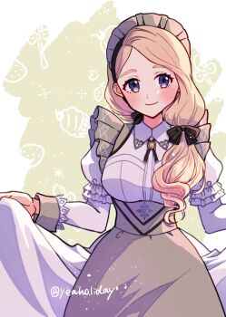 1girl apron blonde_hair blush breasts brown_apron closed_mouth dress fire_emblem fire_emblem:_three_houses fire_emblem_heroes gogatsu_(yeaholiday) highres large_breasts long_hair long_sleeves looking_at_viewer maid maid_headdress mercedes_von_martritz mercedes_von_martritz_(tea_party) nintendo official_alternate_costume puffy_sleeves purple_eyes smile solo white_headdress