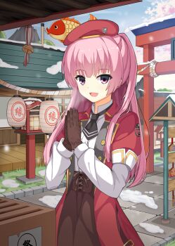 Rule 34 | 1girl, :d, beret, black necktie, blunt bangs, breath, brown gloves, brown skirt, chinese commentary, coat, cold, commentary request, commission, cowboy shot, day, gloves, hands up, hat, hatsumoude, high-waist skirt, highres, lantern, long hair, long sleeves, looking at viewer, mitsukasa ayase, necktie, new year, open clothes, open coat, open mouth, outdoors, own hands clasped, own hands together, paper lantern, pink hair, ponytail, purple eyes, red coat, red hat, resoap, road, senren banka, shirt, short necktie, shrine, sidelocks, skirt, smile, snow, solo, straight hair, torii, very long hair, white shirt, winter