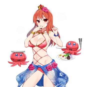 Rule 34 | 1girl, bikini, blue sarong, bracelet, breasts, commentary request, crown, flower, food, hair flower, hair ornament, jewelry, kusaka souji, large breasts, long hair, mini crown, mole, mole on breast, octopus, orange hair, red bikini, red eyes, red hair, sarong, swimsuit, uchi no hime-sama ga ichiban kawaii, venus tita