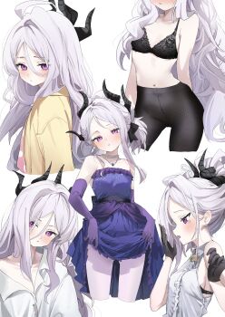 Rule 34 | 1girl, absurdres, bare shoulders, black bra, black halo, black horns, black pantyhose, blue archive, blush, bra, breasts, cardigan on shoulders, closed mouth, demon girl, demon horns, dress, elbow gloves, flat chest, from side, gloves, hair between eyes, halo, head tilt, highres, hina (blue archive), hina (dress) (blue archive), hina (pajamas) (blue archive), horns, k2 (jack lin), long hair, long hair between eyes, looking at viewer, multiple horns, multiple views, navel, official alternate costume, open mouth, pajamas, pantyhose, petite, pink pajamas, polka dot, polka dot dress, polka dot pajamas, purple dress, purple eyes, purple gloves, shirt, simple background, slit pupils, small breasts, strapless, strapless dress, underwear, white background, white hair, white pantyhose, white shirt