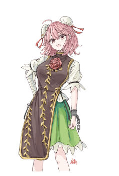 1girl :d absurdres ahoge arm_at_side bandaged_arm bandages black_tabard breasts bun_cover commentary_request cuffs double_bun feet_out_of_frame flower green_skirt hair_bun hand_on_own_hip highres ibaraki_kasen kashiwada_kiiho looking_at_viewer medium_breasts open_mouth partial_commentary pink_eyes pink_hair red_flower shirt short_hair short_sleeves signature simple_background skirt sleeve_ribbon smile solo standing tabard touhou white_background white_shirt