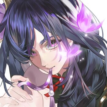 1girl absurdres armor blue_pupils blunt_bangs bug butterfly chinese_commentary close-up closed_mouth clothing_cutout commission crystalfly_(genshin_impact) fan_hair_ornament flower flower_ornament genshin_impact glowing_butterfly hair_between_eyes hand_up head_tilt highres holding holding_ribbon insect leaning_forward long_hair looking_at_animal looking_at_viewer looking_to_the_side looking_up mole mole_under_eye mouth_hold multicolored_eyes neck_ribbon off_shoulder pink_lips purple_butterfly purple_eyes purple_flower purple_hair purple_ribbon raiden_shogun red_ribbon ribbon ribbon_in_mouth second-party_source shade shoulder_armor shoulder_cutout simple_background solo suguo25944 upper_body wavy_hair white_background