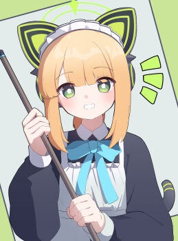 1girl absurdres animal_ear_headphones animal_ears apron black_dress blonde_hair blue_archive blue_bow blush bow broom cat_ear_headphones cat_ears cat_tail dress fake_animal_ears green_background green_eyes green_halo grin halo headphones highres holding holding_broom korean_commentary long_sleeves looking_at_viewer maid maid_apron maid_headdress midori_(blue_archive) midori_(maid)_(blue_archive) official_alternate_costume ohun puffy_long_sleeves puffy_sleeves short_hair sidelocks smile solo tail upper_body white_apron