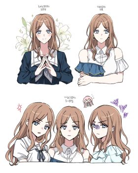 Rule 34 | 2girls, 43pi r3, bang dream!, bang dream! it's mygo!!!!!, blue eyes, breasts, brown hair, chibi, chihaya anon, commentary request, highres, korean commentary, korean text, large breasts, long hair, multiple girls, nagasaki soyo, pink hair, school uniform, white background