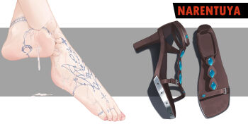 1girl anklet barefoot brown_footwear close-up copyright_name cum cum_on_body cum_on_feet feet foot_focus footprints_on_shoes greek_toe grey_background high_heels highres jewelry liang_mu nail_polish pink_nails sandals shoes soles solo tattoo toe_ring toenail_polish toenails toes two-tone_background unworn_sandals unworn_shoes