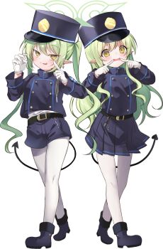 2girls :p blue_archive blue_boots blue_hat blue_jacket blue_shorts blue_skirt boots brown_eyes closed_mouth comiket_107 commentary_request demon_tail gloves green_hair halo hat highres hikari_(blue_archive) jacket long_hair long_sleeves mouth_pull multiple_girls nozomi_(blue_archive) pantyhose pantyhose_under_shorts pleated_skirt pointy_ears shako_cap shirt short_shorts shorts siblings simple_background sisters skirt smile tail tatara_maguro tongue tongue_out twins twintails very_long_hair white_background white_gloves white_pantyhose white_shirt