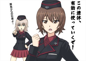 Rule 34 | 2girls, black jacket, blue eyes, breast pocket, breasts, brown eyes, brown hair, clenched hand, collared shirt, cross, dress shirt, garrison cap, girls und panzer, grey hair, hair between eyes, hand on own hip, hat, itsumi erika, jacket, kuromorimine military uniform, looking at viewer, medium breasts, medium hair, military, military hat, military uniform, miniskirt, multiple girls, nishizumi maho, omachi (slabco), open mouth, pocket, pointing, pointing at viewer, red shirt, red skirt, shirt, short hair, simple background, skirt, standing, translation request