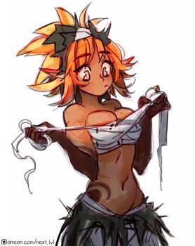 1girl dark-skinned_female dark_skin expressionless groin next_lvl orange_hair sacrier sarashi simple_background source_request tattoo wakfu white_background
