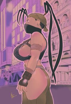 bandana breasts capcom crop_top fingerless_gloves fishnets gloves highres hiroshi_mono ibuki_(street_fighter) kunai large_breasts long_hair mask pants ponytail sideboob street_fighter weapon