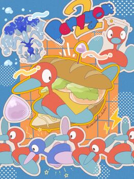 alternate_color animal_focus artist_name black_eyes blue_border border breath bright_pupils character_name cheese eviolite flat_color food from_side full_body gen_2_pokemon grid_background highres in_food lemonade_kokoi lettuce lightning_bolt_symbol meat nintendo no_humans notice_lines orange_background outline outside_border pokemon pokemon_(creature) porygon2 profile sandwich seeing_stars shiny_and_normal shiny_pokemon signature squiggle star_(symbol) straight-on submarine_sandwich terastallization twitter_username white_outline white_pupils yellow_outline