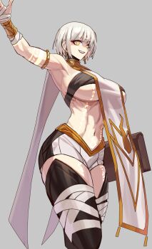 1girl @_@ arm_tattoo bandages blonde_hair bracer breasts chest_sarashi commentary earrings english_commentary eyeshadow facial_tattoo full-body_tattoo genderswap genderswap_(mtf) grey_background highres jewelry large_breasts looking_at_viewer lorgar_aurelian makeup midriff navel podobrick primarch red_eyeshadow sarashi see-through_tabard shorts smirk solo tabard tattoo toned toned_female warhammer_40k white_hair white_shorts word_bearers