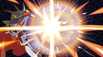 Rule 34 | absurdres, aiming, arm cannon, blue eyes, cape, diablomon, digimon, digimon (creature), digimon adventure, digimon adventure: bokura no war game, highres, horns, mecha, omegamon, powering up, red cape, robot, solo, solo focus, tai (cheungsk1213), weapon