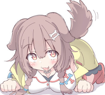 1girl :d animal_ears blush bone_hair_ornament braid breasts brown_hair cartoon_bone cleavage commentary_request dog_ears dog_girl dog_tail dress fang full_body hair_between_eyes hair_ornament hair_over_shoulder highres hololive inugami_korone inugami_korone_(1st_costume) jacket looking_at_viewer low_twintails medium_breasts motion_lines no_shoes off_shoulder open_mouth red_eyes red_socks shadow simple_background smile socks solo tail twin_braids twintails umberblack virtual_youtuber white_background white_dress yellow_jacket