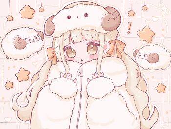 ! 1girl animal_hat blonde_hair blunt_bangs blush checkered_background coat commentary_request fingernails flipped_hair fur_coat hair_ribbon hands_up hat heart long_hair looking_at_viewer namiso_(necokawa_e) orange_ribbon original outline parted_lips pink_background ribbon sheep sheep_hat sidelocks solo star_(symbol) twintails upper_body white_coat white_outline yellow_eyes zipper