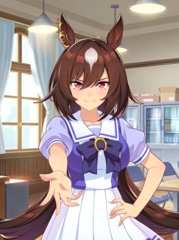 1girl absurdres animal_ears artist_request bare_arms blue_bow blue_bowtie blue_shirt book bookshelf bow bowtie breasts brooch brown_hair cardboard ceiling_light chair classroom closed_mouth collarbone cowboy_shot curtains day desk dot_nose ear_ornament eyelashes game_cg hair_between_eyes hand_on_own_hip happy high-waist_skirt highres horse_ears horse_girl horseshoe_ornament indoors jewelry large_breasts light_blush long_hair multicolored_hair offering_hand official_art outstretched_hand pleated_skirt puffy_short_sleeves puffy_sleeves red_eyes sailor_collar school_chair school_desk school_uniform shirt short_sleeves sirius_symboli_(umamusume) skirt smile solo streaked_hair tracen_school_uniform tsurime two-tone_shirt umamusume very_long_hair white_sailor_collar white_shirt white_skirt window